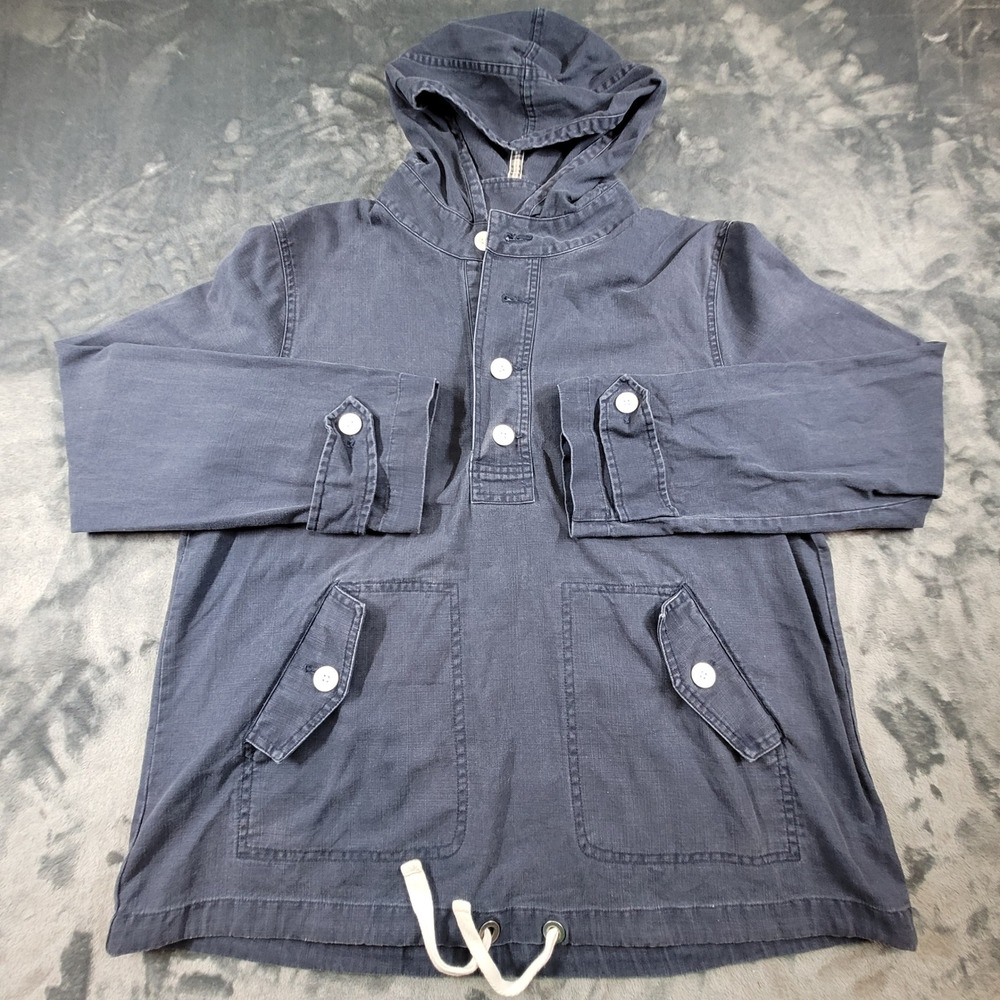Merona Mens Anorak Hoodie Navy Blue Cotton Pullover Utility Jacket Large Y2K